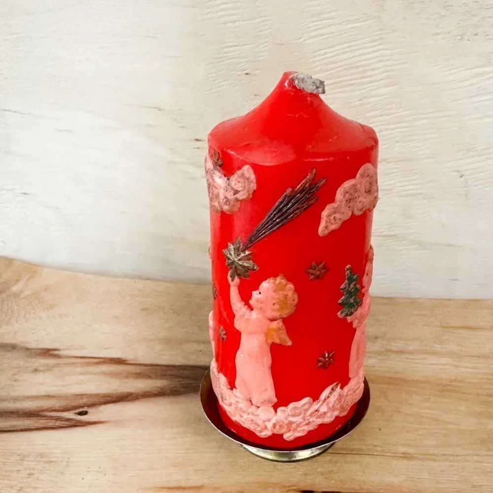 Vintage Christmas Candle Red Angels Crescent Moon Comet 2